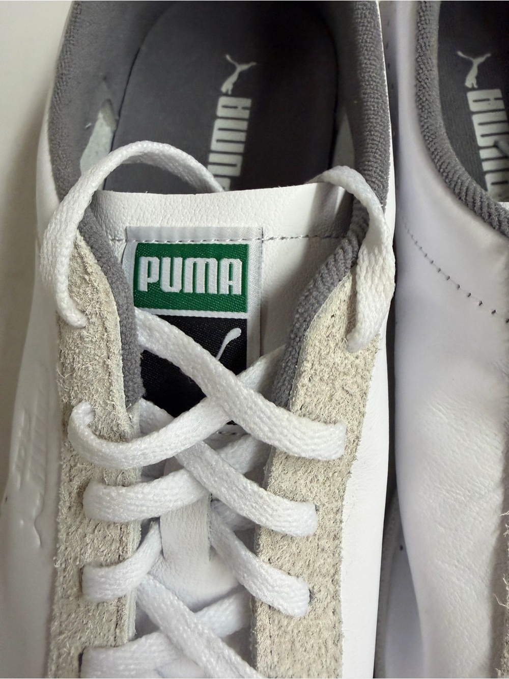 Puma Men’s White Sneakers with Gray Suede Trim and Green Logo